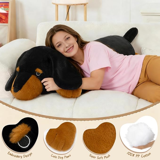 MorisMos Black Dachshund Stuffed Animal Body Pillow, 39-Inch Long Plush Weiner Dog Pillow for Dog Lovers, Soft Embroidered Lazy Eyes Sausage Dog Cuddle Pillow for Couch & Bed