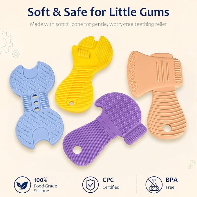 Baby Tool Teethers 4 Pack, Textured Sensory Teething Toys for Boys 0-6 Months, Wrench Screwdriver Hammer & Axe Silicone Chew Toys, Baby Shower Gifts for Newborn & Infants