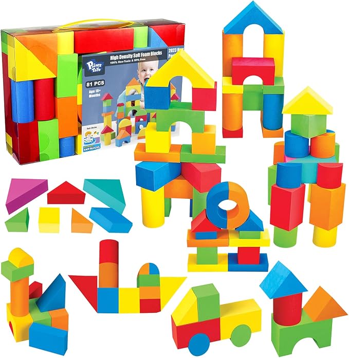 Pairez Toys Foam Building Blocks for Toddlers 2-4, 81 Pieces Soft Stacking Blocks Toy Set, Baby Bath Foam Toys, Sensory and Montosorri Toys for Boys & Girls 18+ Months