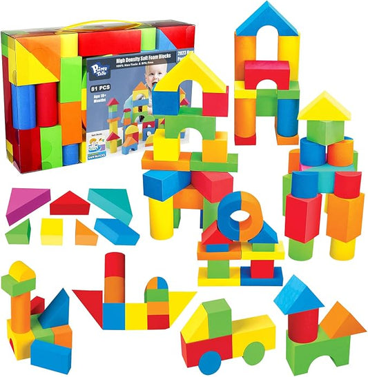 Pairez Toys Foam Building Blocks for Toddlers 2-4, 81 Pieces Soft Stacking Blocks Toy Set, Baby Bath Foam Toys, Sensory and Montosorri Toys for Boys & Girls 18+ Months