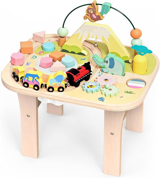WINGYZ Activity Table for 1 Year Old Toddler, 9-in-1 Morandi-Colored Wooden Montessori Toys, Baby Play Table with Bead Maze Shape Sorter Train Toy, Educational Gifts for 12 Months+ Kids Boys Girls