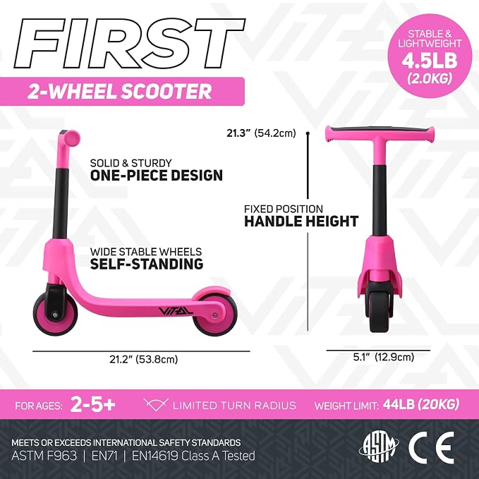Vital First 2 Wheel Toddler Scooter | Beginner Balance Training Kids Toys for Ages 2-5 | Durable Lightweight Design & Fixed Height Kids Scooter | Wide Wheels and Foot Brake