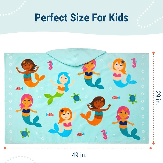Wildkin Kids Hooded Beach Towel – 100% Cotton, Snap Front for Bath, Pool & Beach - Mermaids