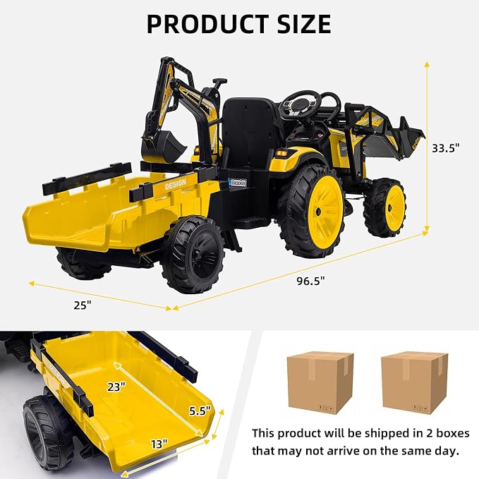 3 in 1 Ride on Tractor, 24V Ride on Toy for Big Kids, Excavator Bulldozer - Battery-Powered Electric Vehicle w/Trailer, Digger, Remote Control, LED Lights, Music, USB, Battery Powered, Yellow