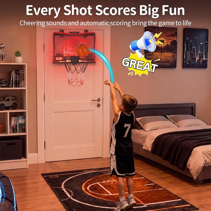 BELEEV Indoor Mini Basketball Hoop with LED Lights, Electronic Scoreboard & Sounds, Over The Door Basketball Hoop for Kids, Ball & Pump Included, Indoor Sports Toy Gift for Boys Girls Ages 4-12 (Red)
