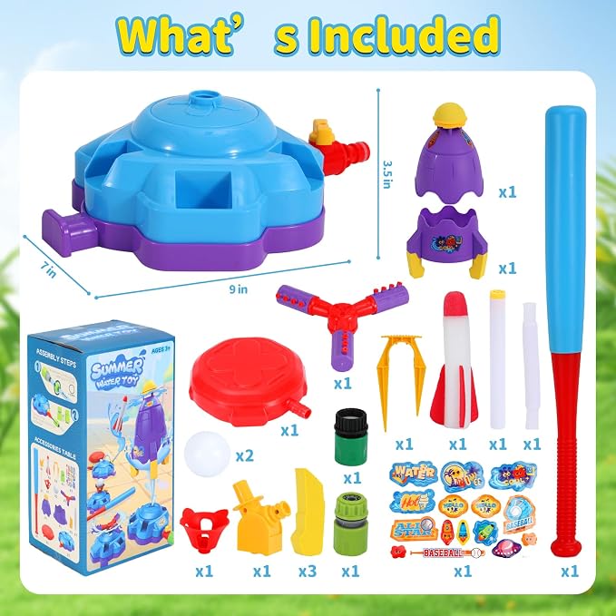 4-in-1 Sprinkler Toys for Kids Ages 4-8, Water Baseball, Rotating Water Spray, and Rocket Launcher for Toddlers, Backyard, Garden, Lawn, and Pool Outdoor Play in Summer for Boys and Girls Ages 3-5.