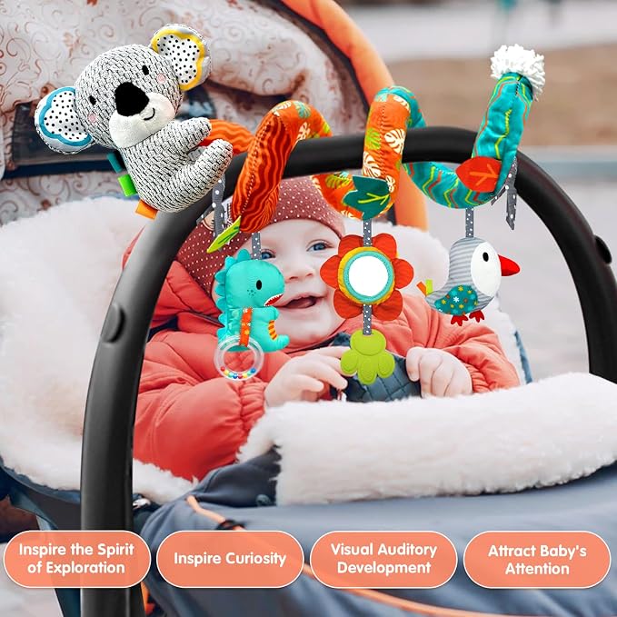 MONSTIME Car Seat Toys for Babies 0-6 Months, Newborn Toys Baby Toy 0-3 Months Stroller Toys, Infant Toy 0-6 Month for Carseat Stroller Crib with Mirror, Rattle, Teether for 0 3 6 9 12 Boys Girls