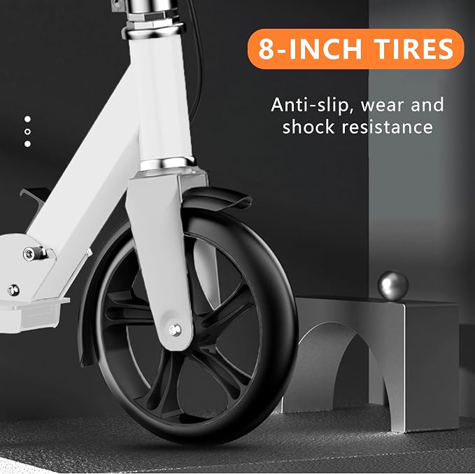 Non-Electric Scooters for Kids 8-12, Teens & Adults - Foldable Commuter Scooter with 8" Wheels, Bell, Hand Brake & Adjustable Height 30"-40.5", 220LB Capacity, Manual Push Scooter for Campus & Park