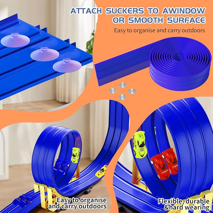 16.5ft Build Anywhere Portable Race Track with Suction Cups - Flexible Roll-Up Design Fits 1/64 Scale Cars, Portable Toy Gift for Kids 4+ Year Old (3 Tracks/Blue)