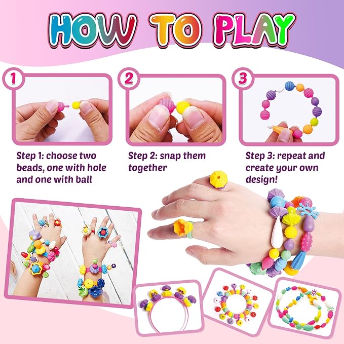 FUNZBO 850pcs Pop Beads - Jewelry Making Kit for 3 4 5 6 7 8 Year Old Little Girls, Arts and Crafts Toys for Kids, Necklace Bracelet Ring Hairband Creativity Snap Set, Birthday Gifts for Kids