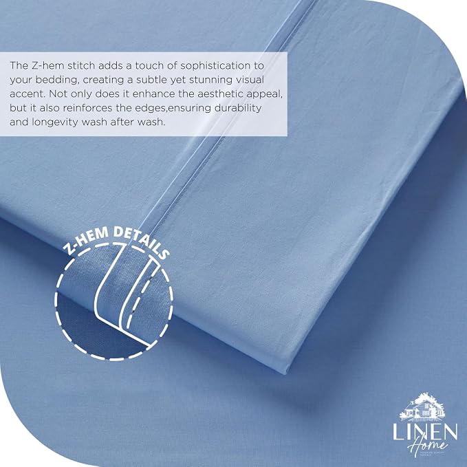 Linen Home 6 Piece Full Cotton Sheet Set, 100% Cotton Percale, 4 Pillowcases, Deep Pocket with All Around Elastic Sheet, Crisp Breathable Bedding, Hotel Luxury, Long-Staple Combed Cotton, Baby Blue