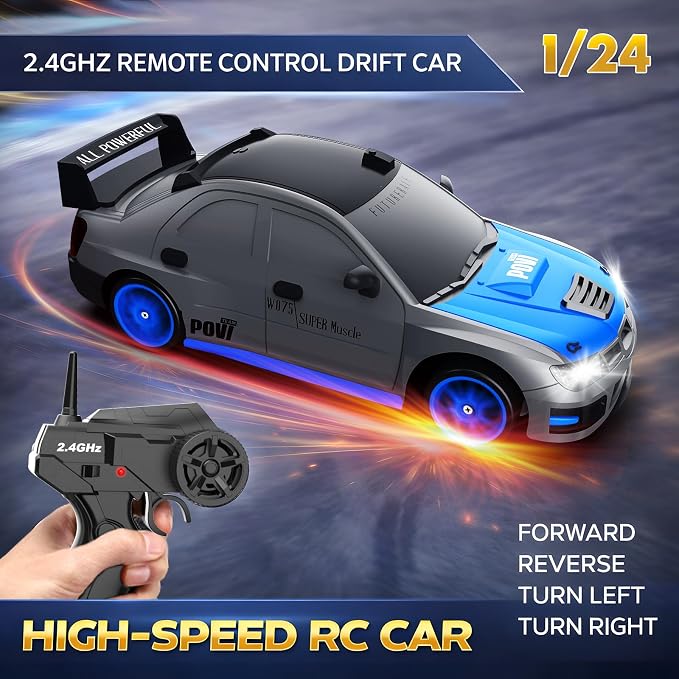 Remote Control Car RC Drift Car 2.4GHz 1:24 Scale 4WD 15KM/H High Speed Model Vehicle with LED Lights Drifting Tire Racing Sport Toy Car for Adults Boys Girls Kids Gift 2Pcs Rechargeable Batteries