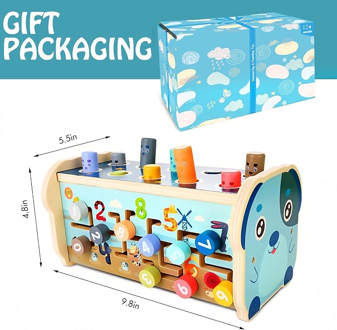 KIDWILL Wooden Hammering Pounding Toy for 12+ Months Kids, Montessori Toys for 1+ Year Old Babies, Early Development Toy with Pounding Bench, Xylophone, Number Sorting Maze, Gifts for Toddlers Age 1-2