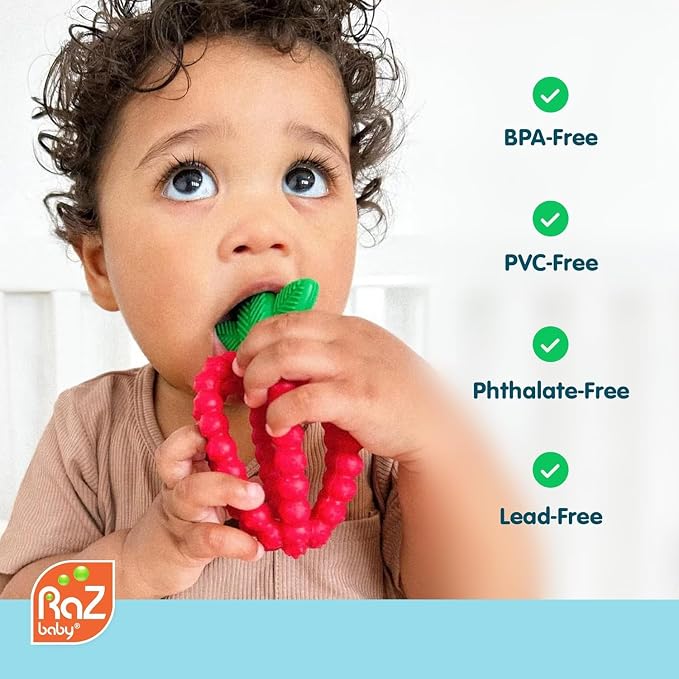 RaZbaby Silicone Infant & Baby Teething Toy, Textured BerryBumps Soothe Babies Sore Gums, RaZberry Bites Relief Teether, Back & Front Teeth, BPA Free, Fruit Shape for Babies 3M+ (Red & Pink)