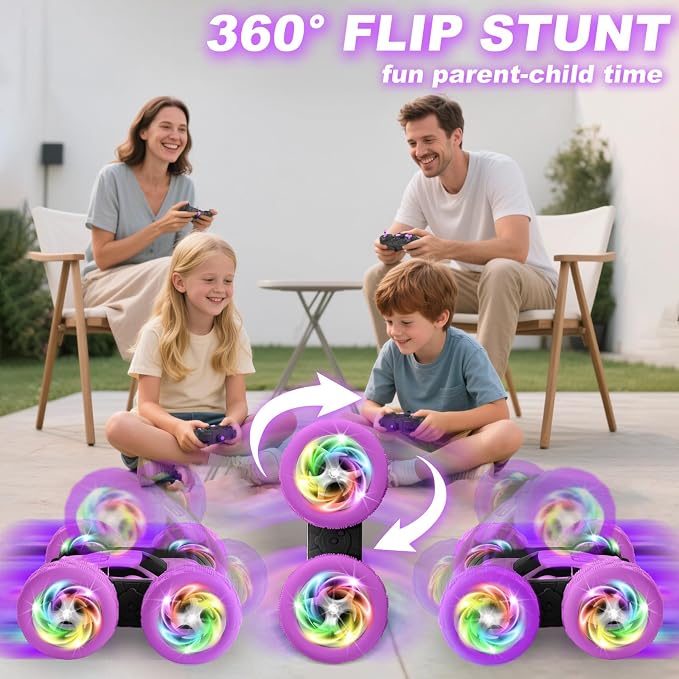 Remote Control Car, Outdoor Toys RC Cars for Kids Ages 6-12, 4WD Double Sided Stunt Vehicle with Upgraded USB-C Modular Batteries, 5 6 7 8 9 10+ Year Old Boy Birthday Purple