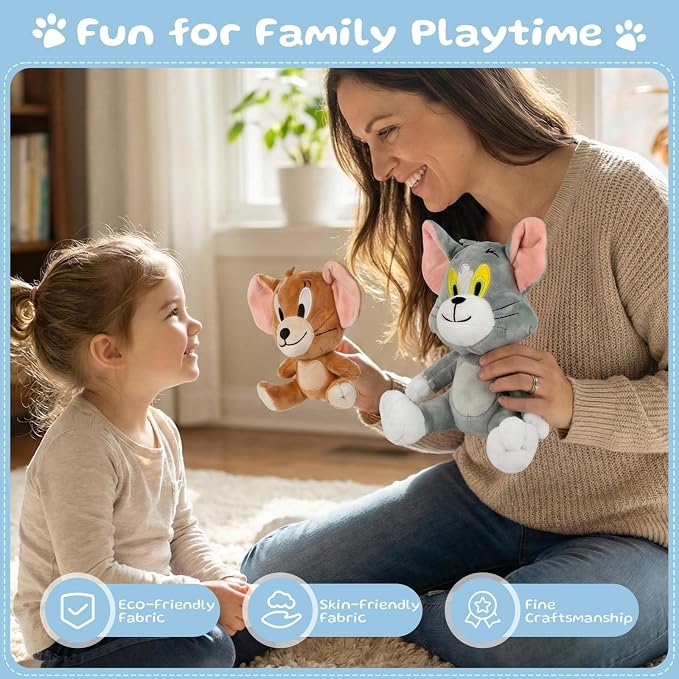 Cartoon Cat and Mouse Plush Toy Set - 7 Inch Sitting Cat & 5 Inch Sitting Mouse Stuffed Animals, Cute Cartoon Plushies for Birthday Party Decorations, Gifts for Girls Boys, Valentine's Day gift