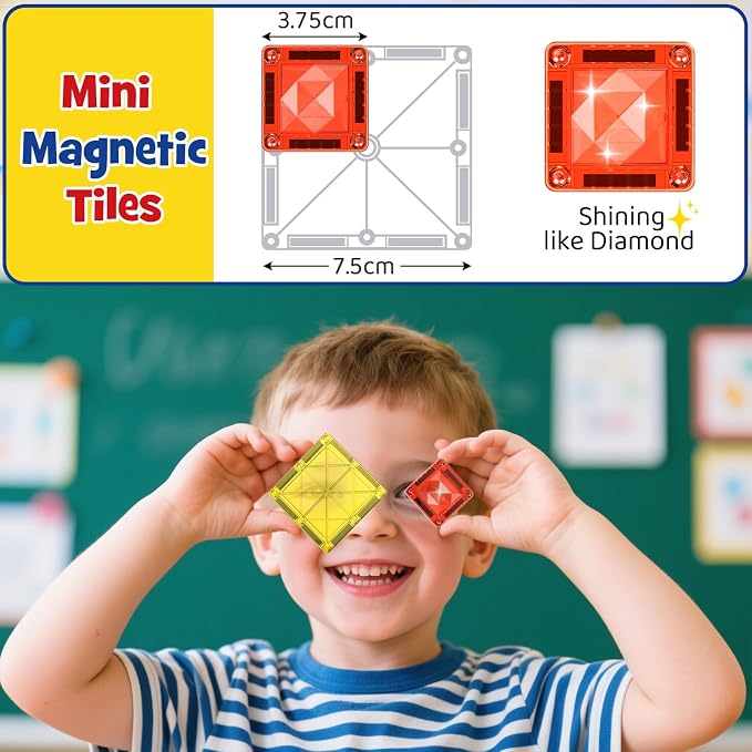 WMXDU Magnetic Tile Mini Diamond Set Travel Size Magnetic Building Toys with Iron Case, Kid's Travel Essential On-The-Go Magnet Construction Toy Set STEM Development Kit Ages 3+, 26-Piece