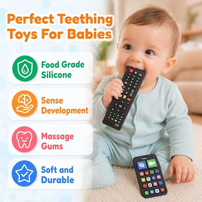 Phone Remote Teethers for Baby, Teething Toys for Baby 3 6 12 18 Months, TV Remote Control Phone Baby Teether Toys, Babies Chew Toys, Food Grade Silicone Teething Toys for Infants, BPA Free