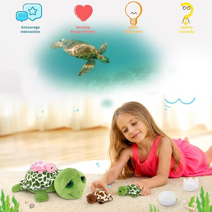 MorisMos Sea Turtle Stuffed Animal with Babies, 14'' Mommy Stuffed Turtle with 3 Babies & 2 Plush Eggs in Tummy, Big-Eyed Sea Tortoise Toys for Kids Toddlers,Sea Stuffed Animals,Tortoise Plush Pillow