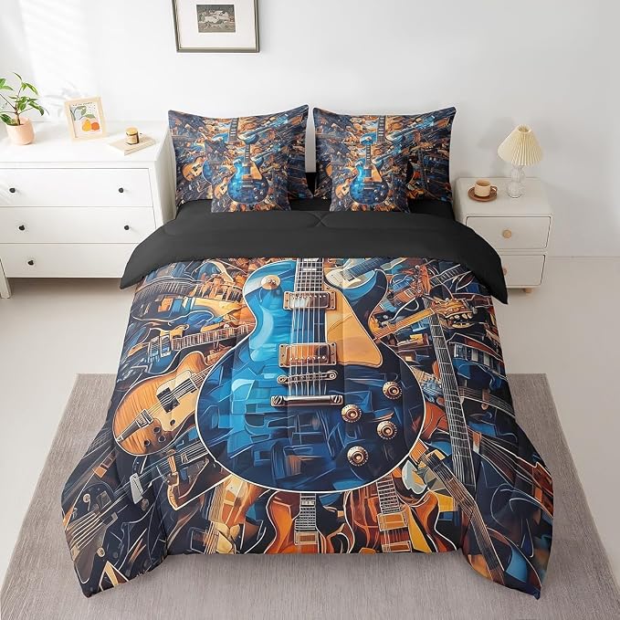 Feelyou Guitar Comforter Set with Sheets Full Size Rock Music Bed in a Bag for Boys Girls Teens Blue Brown 7 Pieces Bedding Set Soft Lightweight Microfiber