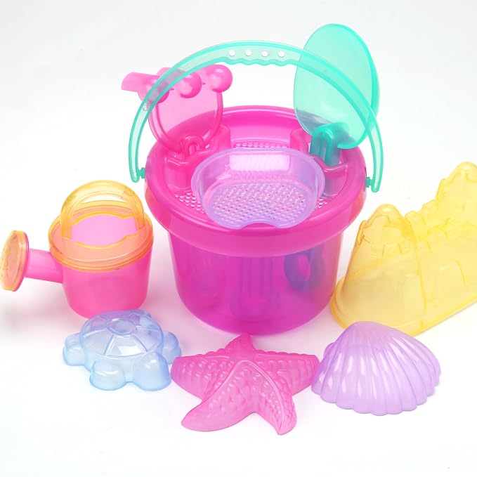 LotFancy 10PCS Sand Toys for Toddlers 1-3 3-5, Pink Beach Toys Set for Girls 18M+, Translucent Sand Castle Molds, Bucket, Sifter, Shovels & Watering Can, Durable Sandbox Toys for Kids