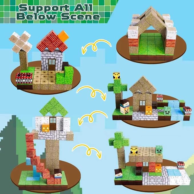 100PCS Magnetic Blocks Forest World Set - Build Mine Red House Waterfall Scene with Magnetic Cubes, STEM Educational Toys for Toddlers 3+, Creative Magnet Tiles Gifts for Boys & Girls