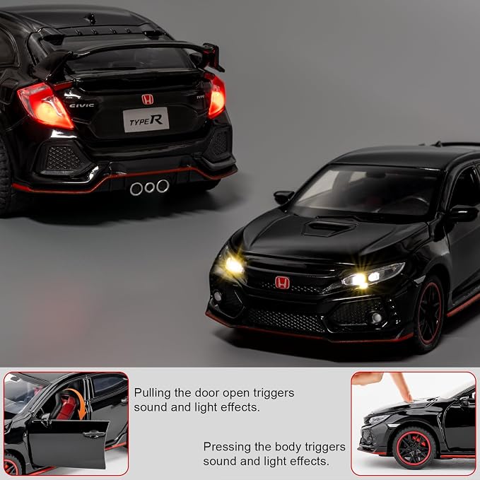 1:32 Scale Civic Type R Model Car，Toy Vehicle with Sound & Light, Pull Back Function & Openable Doors - Premium Diecast Collectible with Realistic Details Black
