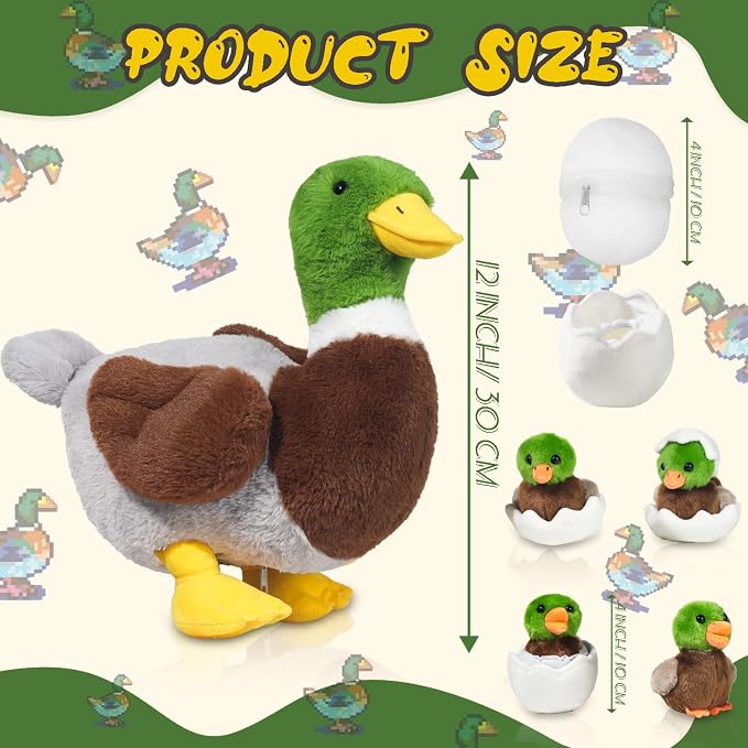 Youthfuljive 7 in 1 Mallard Duck Stuffed Animals Duck Plush Toys, 12" Zipper Mommy Stuffed Duck with 4 Baby Ducks Ducklings Eggs Green Duck Plushies Pillow for Kids Birthday Farm Party Decor
