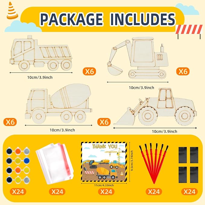 24 Set Construction Birthday Party Supplies, Trucks Parties Craft Construction Theme Birthday Paint Party Favors with Wooden Painting Crafts, Thank You Cards, Paints, Brushes and Bags Decorations