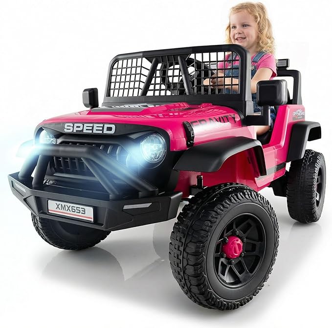 OLAKIDS 24V Ride on Car with Remote Control, Bluetooth, LED Lights, Horn, Spring Suspension, High/Low Speeds, Soft Start for Kids Aged 3+ (Pink)