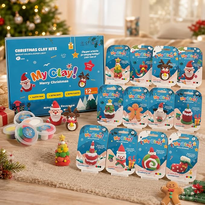 Air Dry Clay for Kids, 12 Christmas Modeling Clay DIY Model Magic Clay Kit with Tools&Tutorials, Soft&Non-Sticky, Safe&Non-Toxic, Creatible Art Crafts Toys Gifts for Kids,Christmas Crafts Xmas Gift