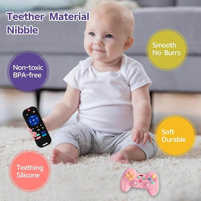 Hooku 2 Pack Remote Teether for Baby, Silicone Teethers for Babies 6-12 Months, Baby Teething Toys for Babies 0-6 Months, Remote Control Toy, Infant Gifts for Boys Girls