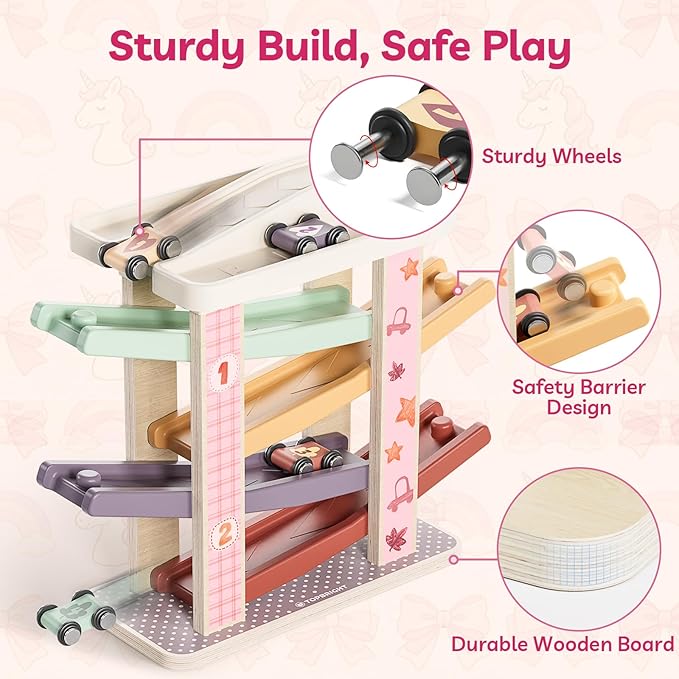 TOP BRIGHT Toddler Toys for 1 Year Old Girl Gifts, Wooden Car Ramp Race Track Set, Car Toys for Toddlers with 4 Cars and a Garage, Montessori Toys for 2 Year Old Girl, Birthday Gift for Age 18+ Month