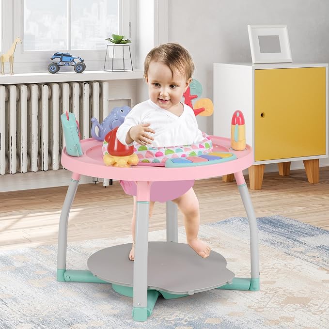 HONEY JOY Baby Activity Center, 5 in 1 Infant Jumper & Standing Play Table w/ 360° Rotary Seat, 6 Toys, 3 Adjustable Heights, Lights, Music & Sounds, Activity Center for Babies 6-36 Months (Pink)