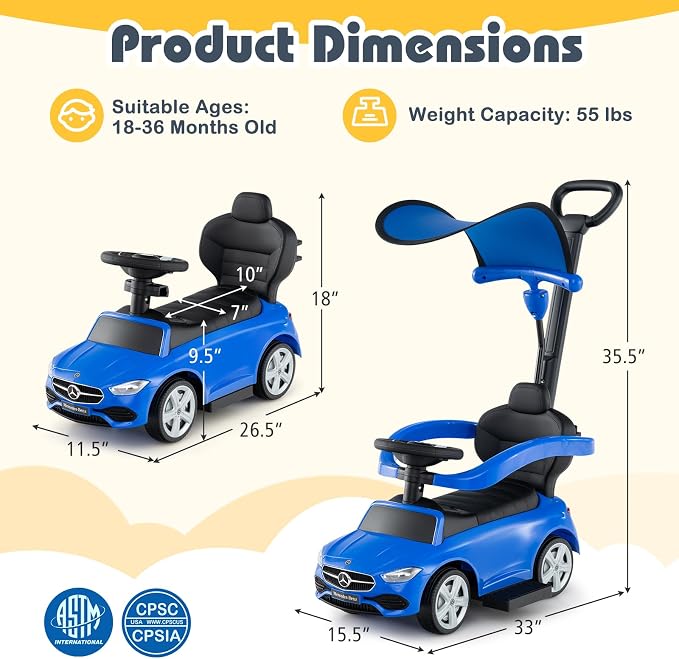 Costzon Push Car for Toddlers, 3 in 1 Mercedes Benz Stroller Sliding Walking Car w/Canopy, Handle, Safety Bar, Horn Sound, Underneath Storage, Foot-to-Floor Ride On Toy for Boys & Girls (Blue)