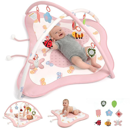 Pamo Babe Baby Play Gym & Activity Mat, Tummy Time Mat with 8 Montessori Toys, Non-slip Foldable Baby Playmat for Stage-Based Development, Machine Washable Baby Gym Play Mat for Newborn Essential Gift