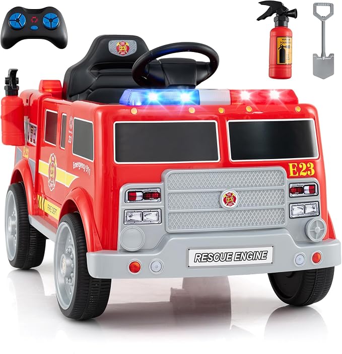 Costzon Kids Ride on Fire Truck, 12V Battery Powered Fire Car w/Remote Control, Extinguisher, Shovel, Loudspeaker, Music, Sirens, Lights & Wireless Connection, Electric Vehicle for Kids(Fire Truck)