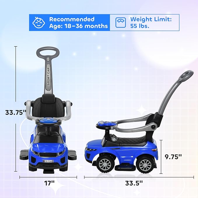 Aosom 3 in 1 Push Cars for Toddlers Kid Ride on Push Car Stroller Sliding Car with Horn Music Light Function Secure Bar Ride on Toy for Boy Girl 18-36 Months, Blue