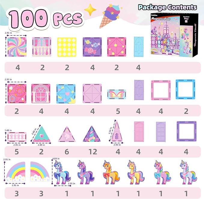 GobiDex 100PCS Unicorn Magnetic Tiles with 6 Unicorns, Princess Castle Unicorn Toys for Girls Age 4-6, Magnetic Building Blocks Toys for 3 4 5 Year Old Girl Birthday Gifts