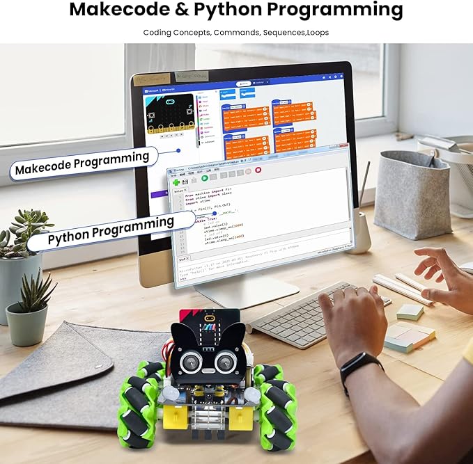KEYESTUDIO 4WD Smart Car Coding Robot Kit with Microbit V2 for Makecode and Python, DIY Building Robot Kit for STEM Education 15+, IR Remote/APP Control