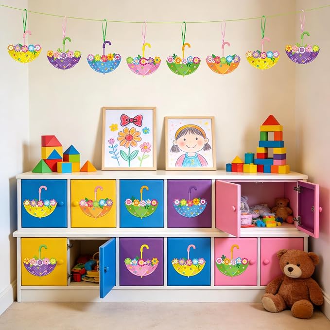 PAIVSUN 24Pcs Spring Crafts Kits Make You Own Umbrella Paper Ornament DIY Arts and Crafts for Spring Summer April Activity Party Decoration Supplies