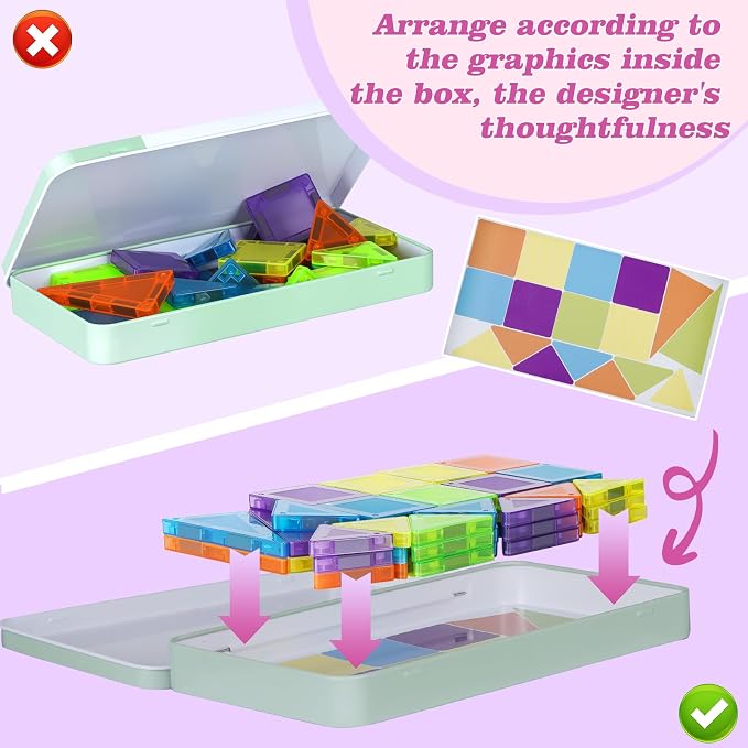 Mini Magnetic Tiles Travel Set- 50PCS Travel Toys with Portable Iron Box, Rounded Edges, Colorful STEM Toys for Kids Ages 3+, Building-Creativity Gifts, for Home Airplane Car Trip