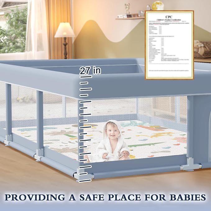 XVISHX 74 x 50 Inch Baby Playpen with Mat, Playpen for Babies and Toddlers, Baby Playard for Indoor & Outdoor Active Center Game Fence, with Skin-Friendly Fabric and Soft Breathable Mesh, Grey