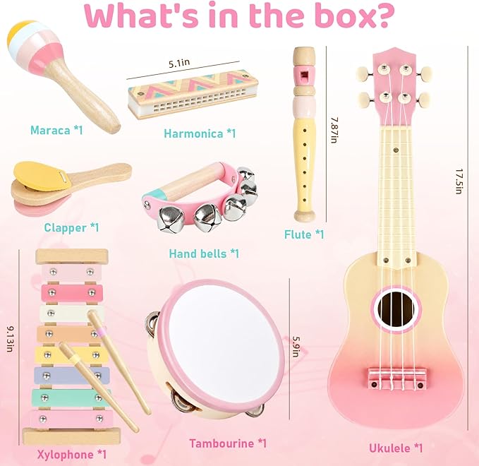 Pink Kids Guitar Set - 8 in 1 Toddler Musical Instruments,Montessori Wooden Ukulele Xylophone Tambourine Maracas Flute,Toy Guitar for Toddler Girl Ages 1-3, Toddler Girl Gifts for 2 Year Old