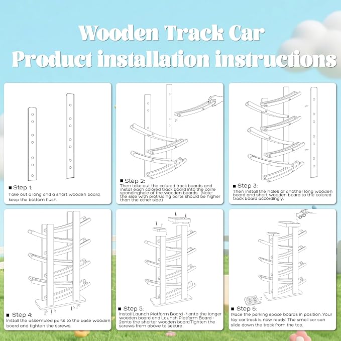 Wooden Car Ramp Toy Set, Montessori Ramp Set Includes 7 Mini Cars and Track — Educational Gift for Boys and Girls 3+ Years Old