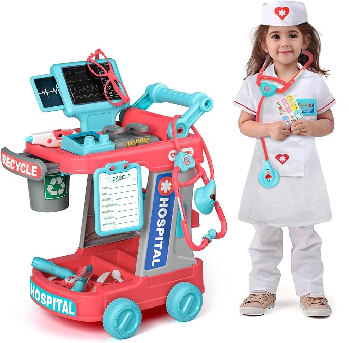 Liberry Doctor Kit for Toddlers Ages 3 4 5, Pretend Kids Doctor Playset with Cart, Costume and Stethoscope, Role Play Medical Toys Birthday Gift for Girls Boys (Red)