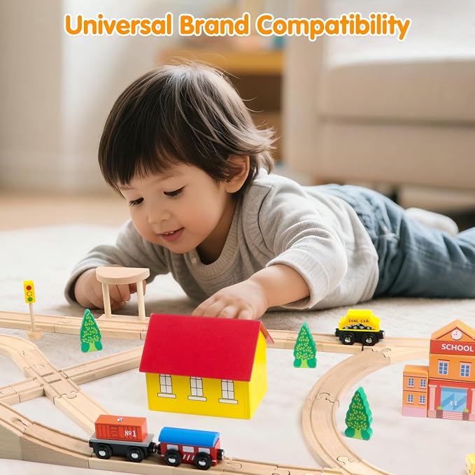 Qilay Wooden Train Track Set - 62PCS Track Expansion with 1 Bonus Magnetic Trains, Arched Bridge, Storage Bag, Compatible with All Major Brand Train Set for Kids 3+