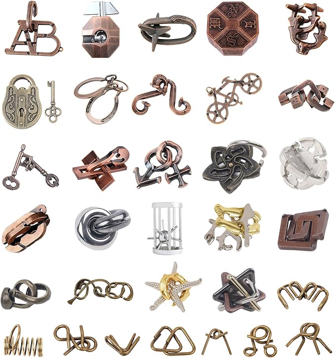 AHYUAN 32Pcs Metal Brain Teaser Puzzles 3D Cast Steel Teasers Puzzle for Kids Teens Magic Puzzles Games Toys IQ Education Smart Logic Test Toy Fidget Toys Party Favors for Kids Adults Challenge