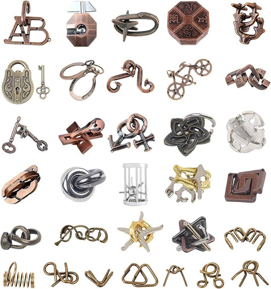 AHYUAN 32Pcs Metal Brain Teaser Puzzles 3D Cast Steel Teasers Puzzle for Kids Teens Magic Puzzles Games Toys IQ Education Smart Logic Test Toy Fidget Toys Party Favors for Kids Adults Challenge