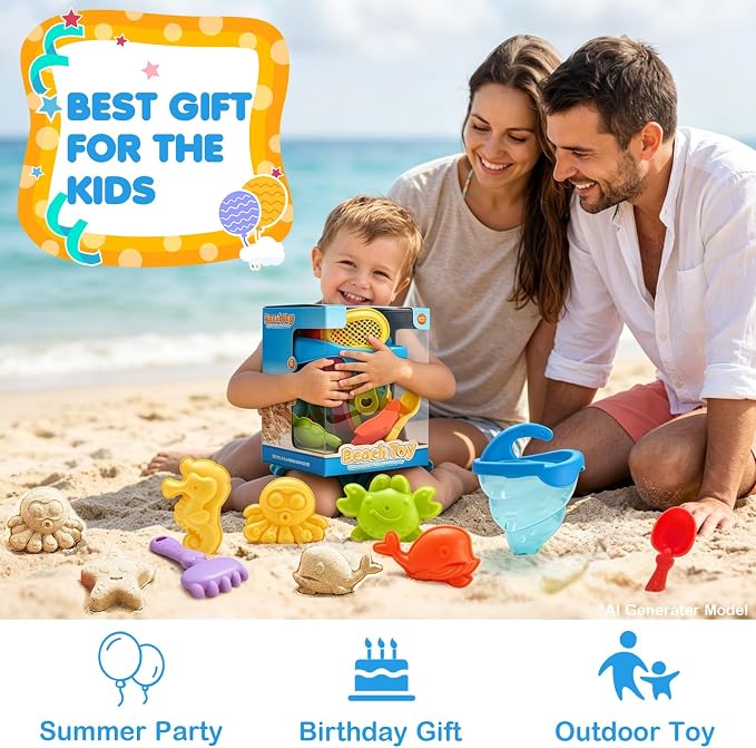 11 PCS Kid Beach Toys,Sand Water Funnel with No Partition, Silicone Plug,Beach Shovels and Sand Molds for Kids Boys Girls Ages 3-13